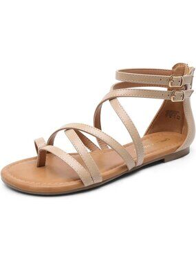 Women's Gladiator Sandals Strappy Nude Flat Sandals Back Zipper Thong Sandals